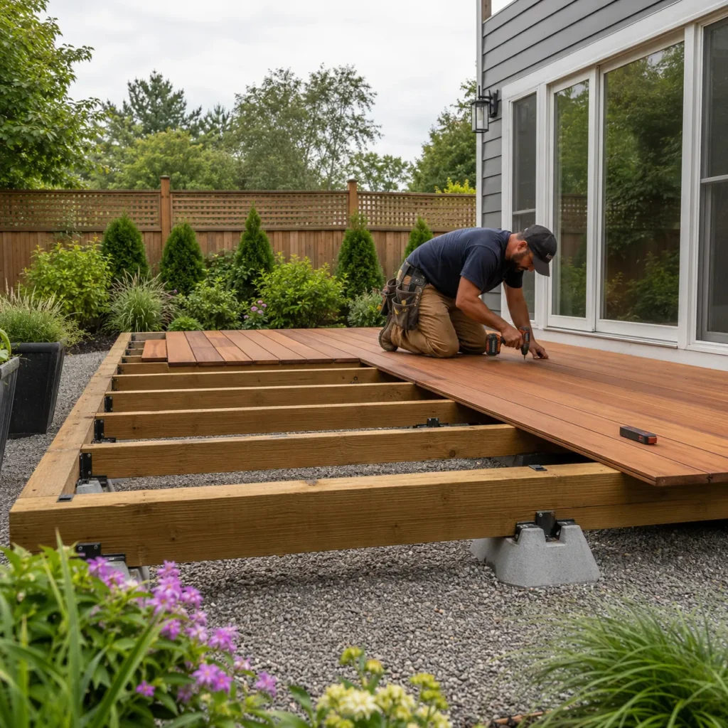 Contractors building deck framing on concrete piers beside a home