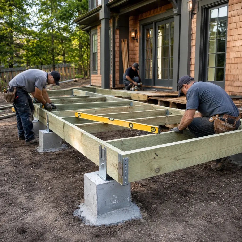 Contractors framing a new deck along the back of a brick home