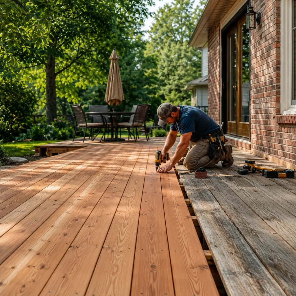 Contractor setting a concrete patio paver along a layout line