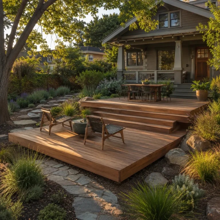 Ground-level wood deck with seating in a landscaped backyard