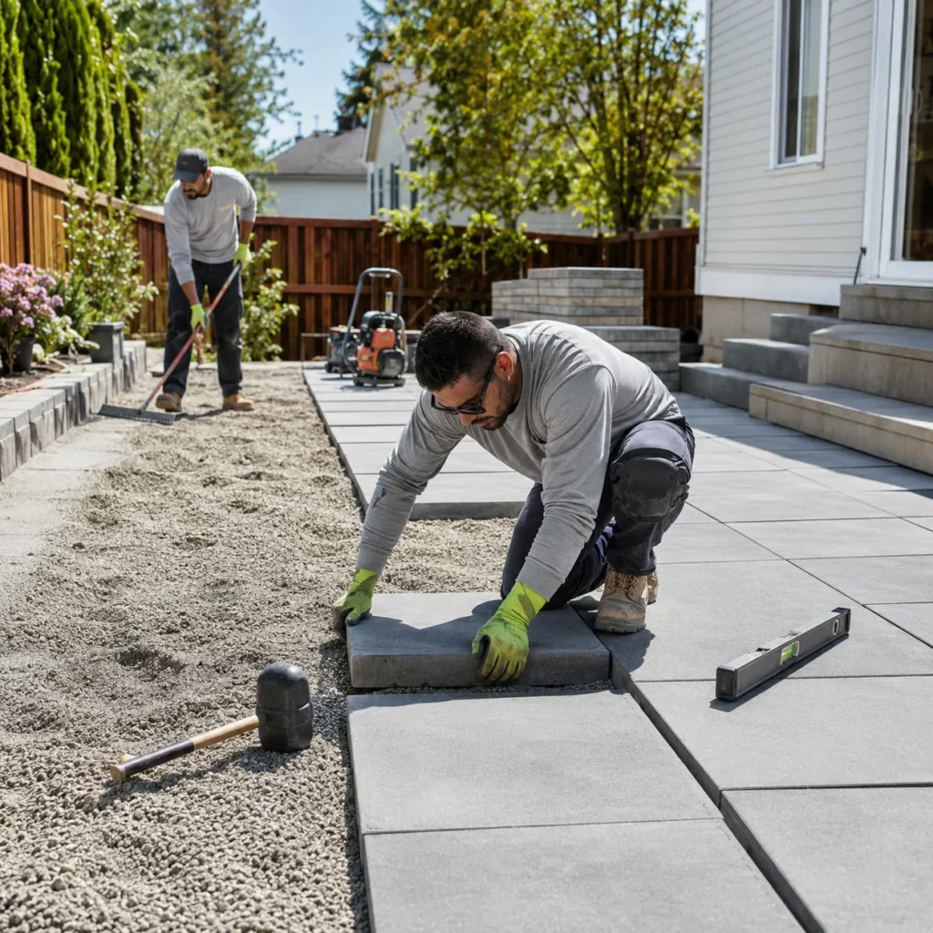 Contractors installing large patio pavers over a prepared base