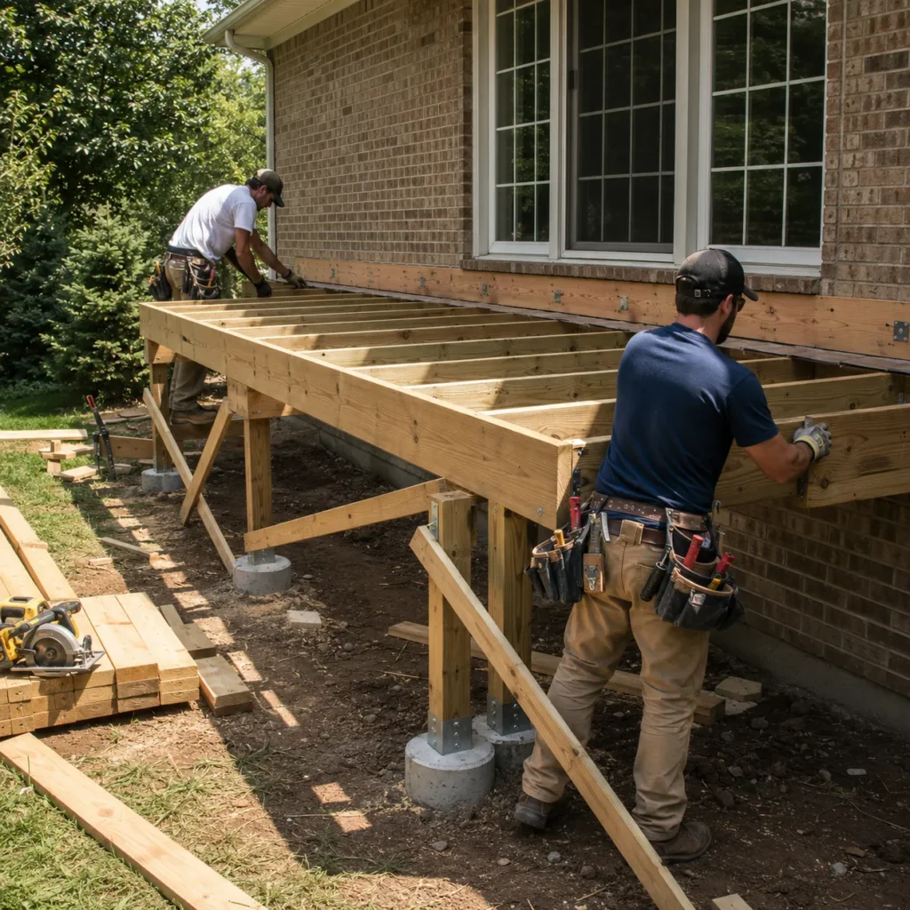 Contractor installing wood boards on a ground-level deck