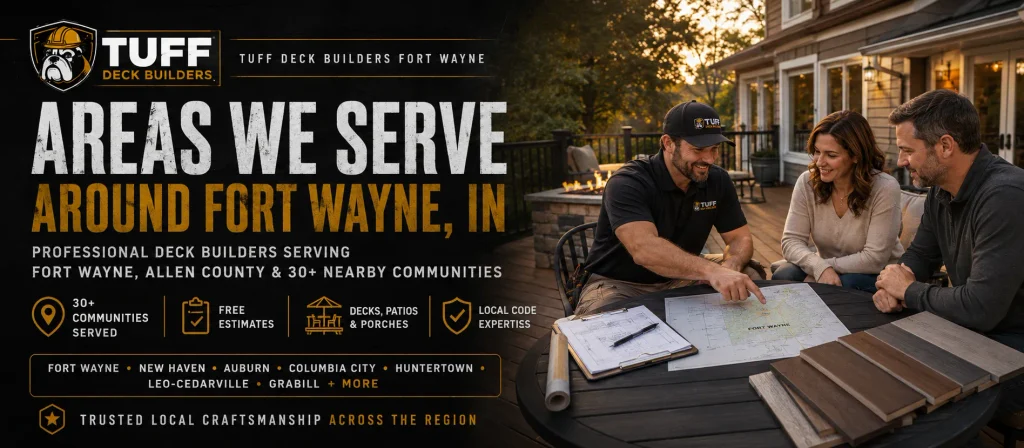 Tuff Deck Builders Fort Wayne consulting with homeowners about deck projects and service areas across Fort Wayne, Allen County, and nearby communities.