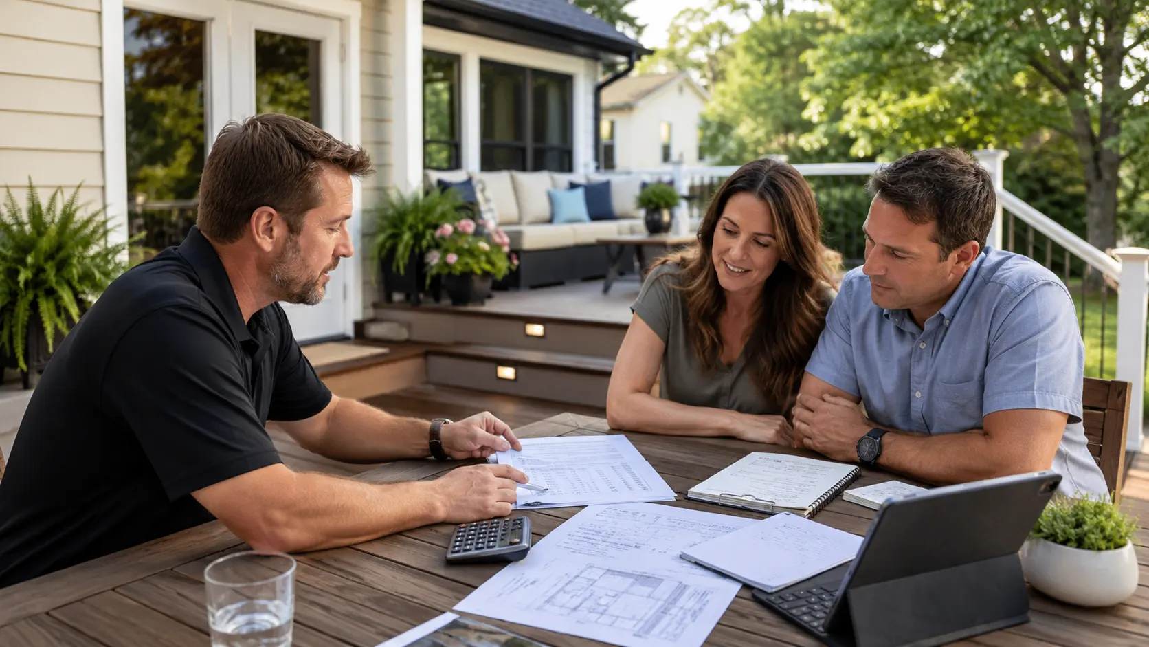 Porch contractor reviewing plans and measurements with homeowners during a free estimate in Fort Wayne, Indiana.