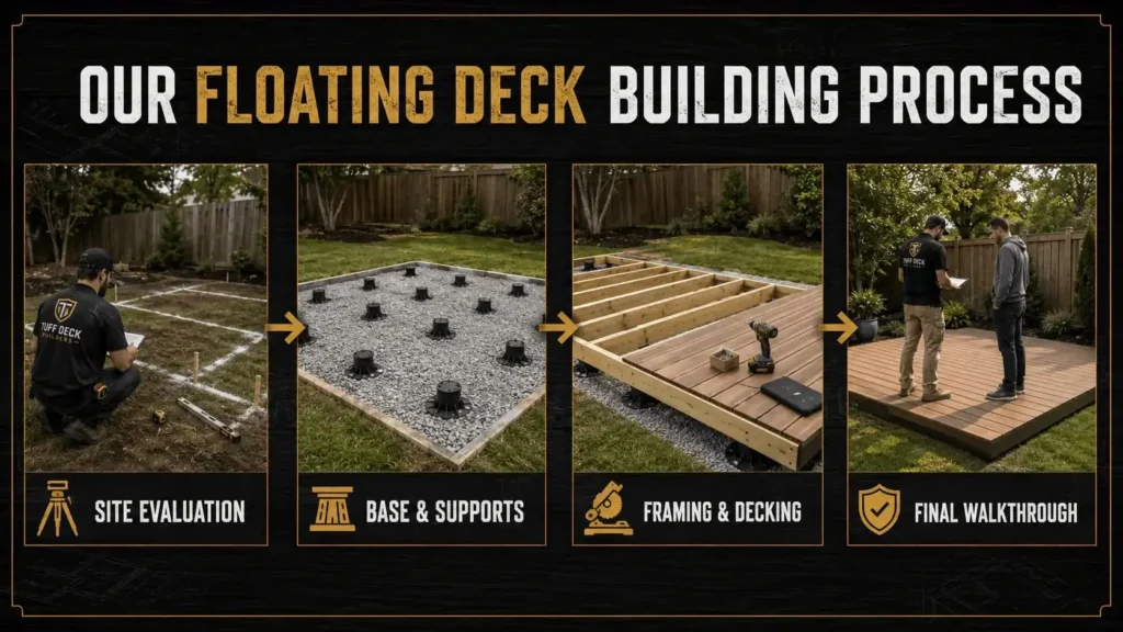 Four-step floating deck construction process infographic