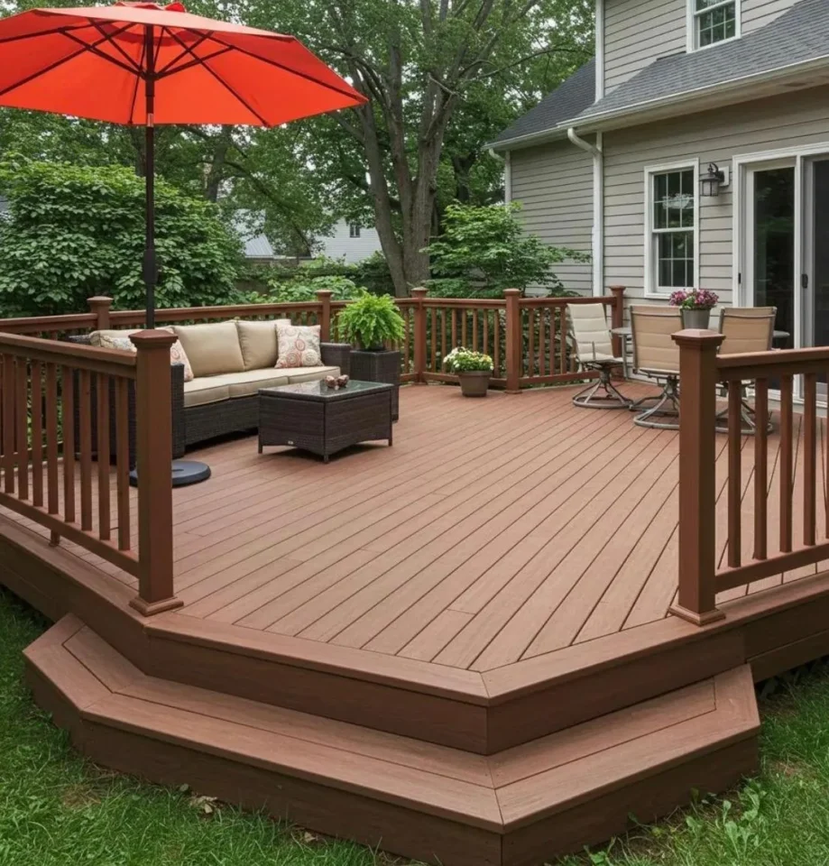 Low brown floating deck with steps, seating, and umbrella