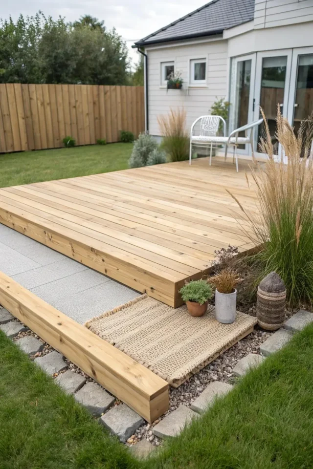 Pressure-treated floating deck under construction outside a sunroom