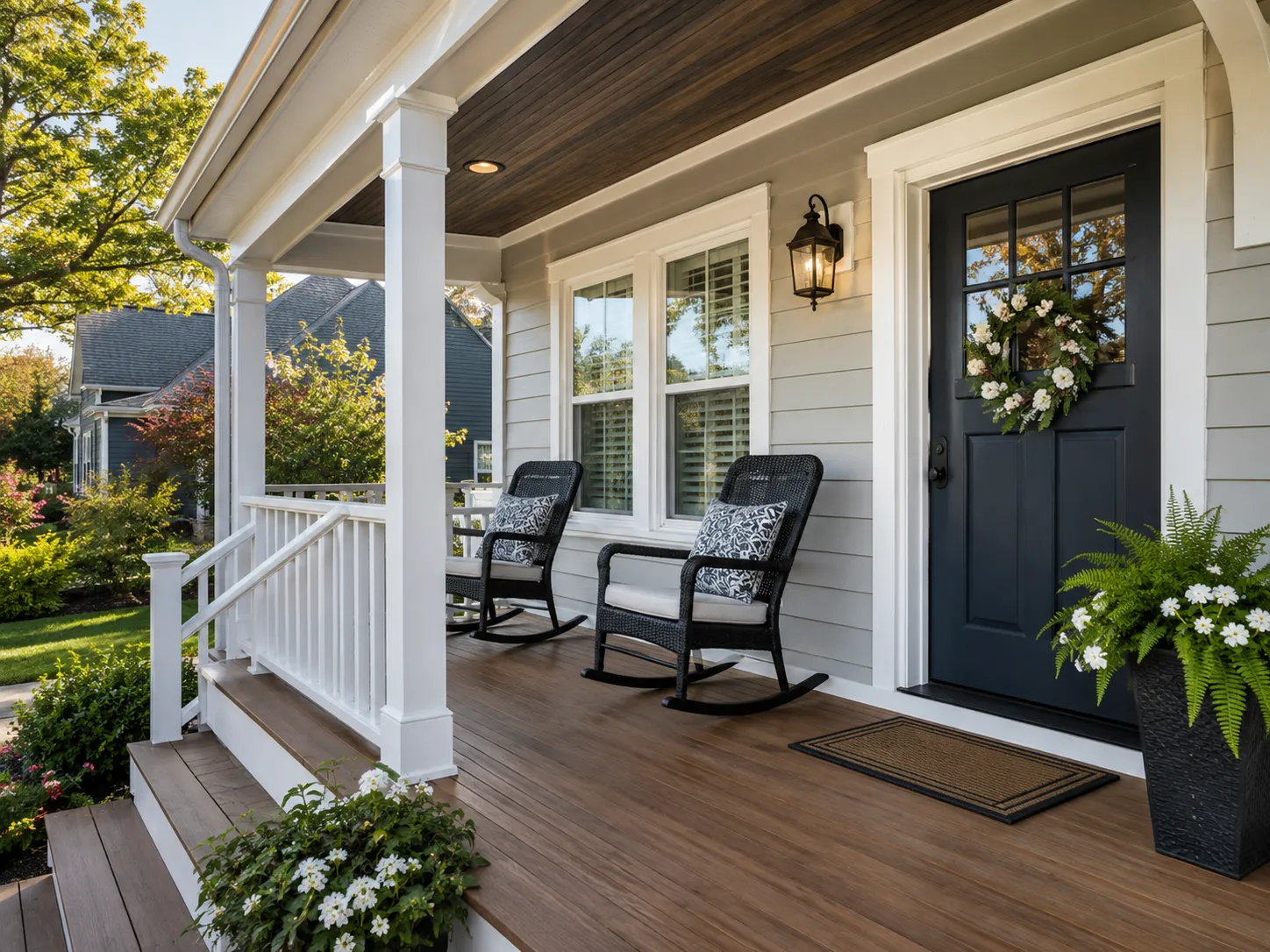 Composite deck connected to a paver patio with seating
