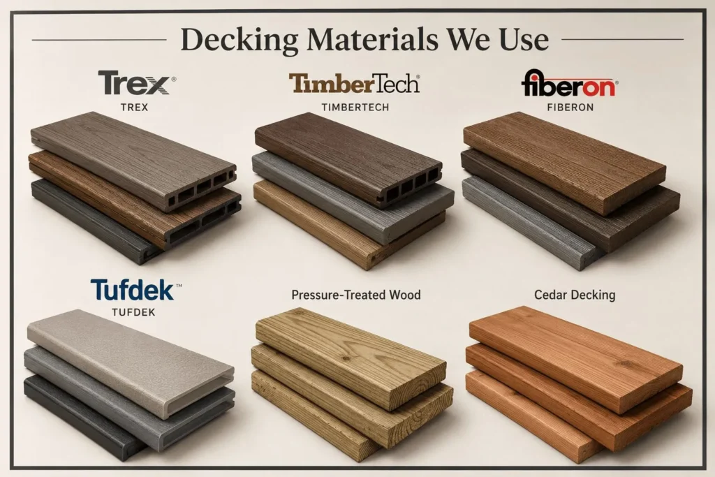 Premium wood and composite decking material samples used by Fort Wayne deck contractors for custom outdoor projects