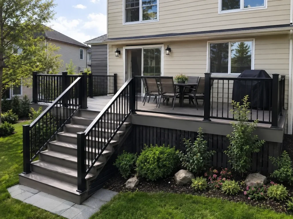 Finished Trex deck with stairs, fascia, railing, and picture-frame border details