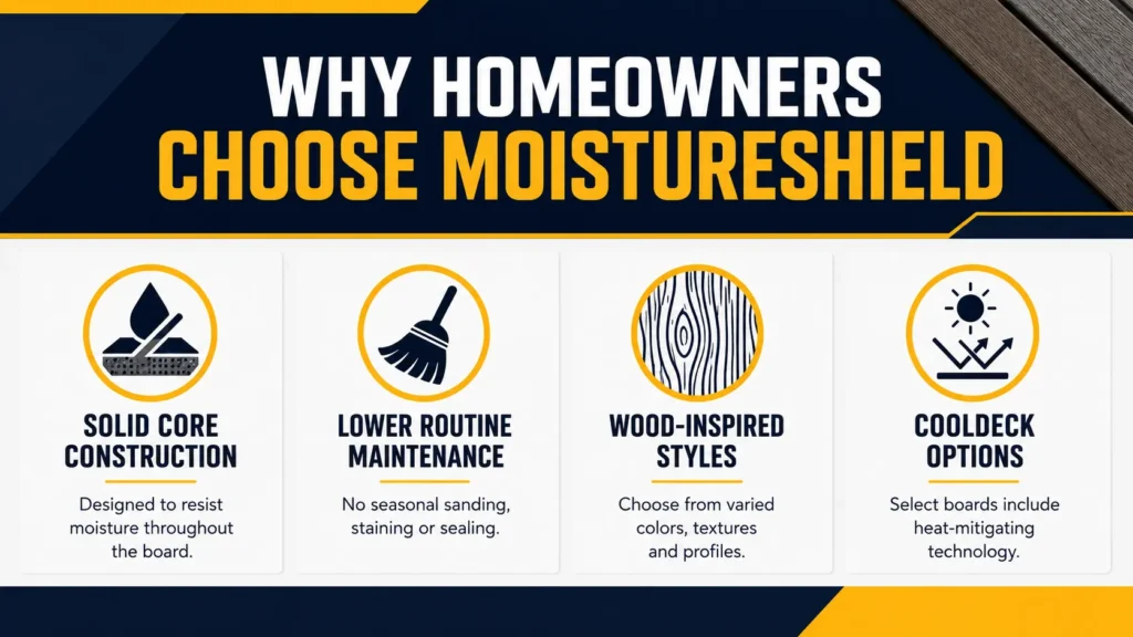 Why choose MoistureShield Why homeowners choose MoistureShield decking, including solid-core construction, lower routine maintenance, wood-inspired styles, and CoolDeck options