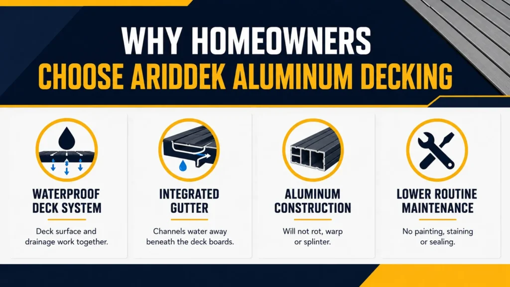 AridDek Why homeowners choose AridDek aluminum decking, including a waterproof deck system, integrated drainage, aluminum construction, and lower routine maintenance