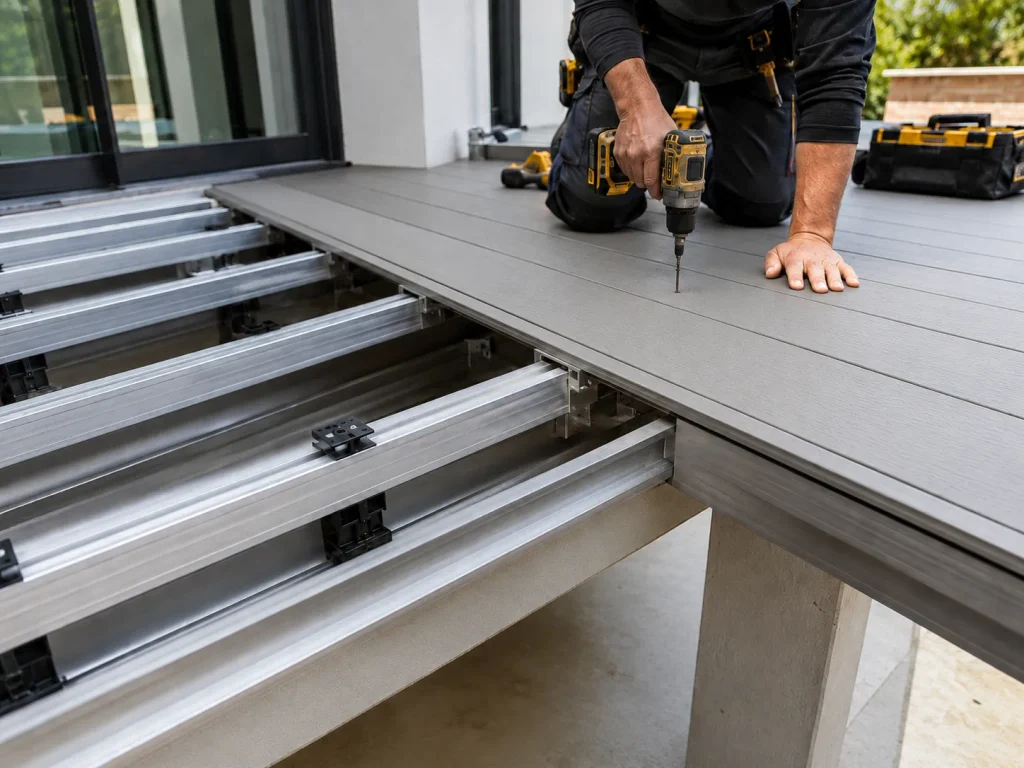 Contractor fastening AridDek aluminum decking to the support system