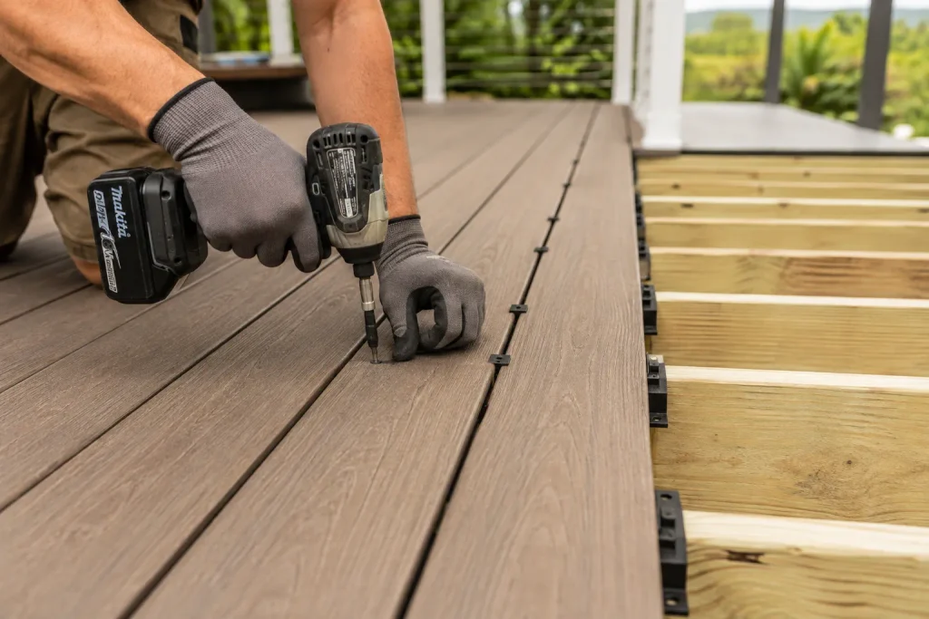 Installer fastening gray AridDek decking boards