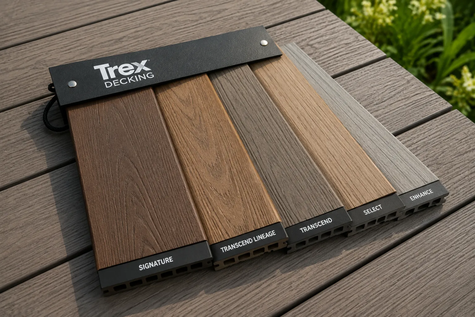Trex decking samples showing different colors, grain patterns, and collection options