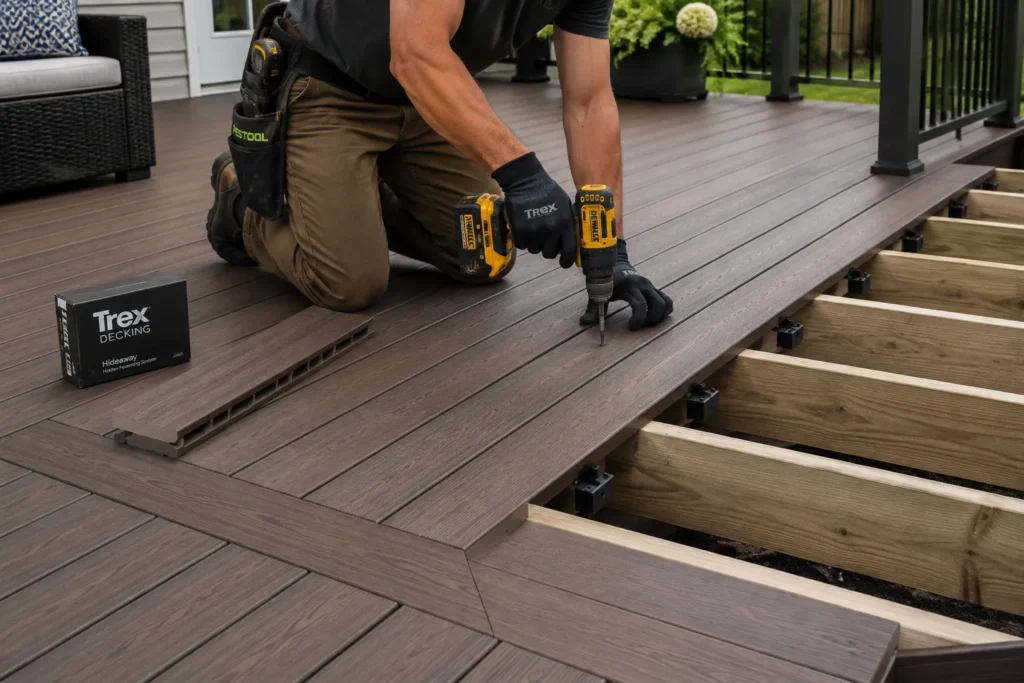 Deck builder reviewing Trex decking layout and material options with a homeowner