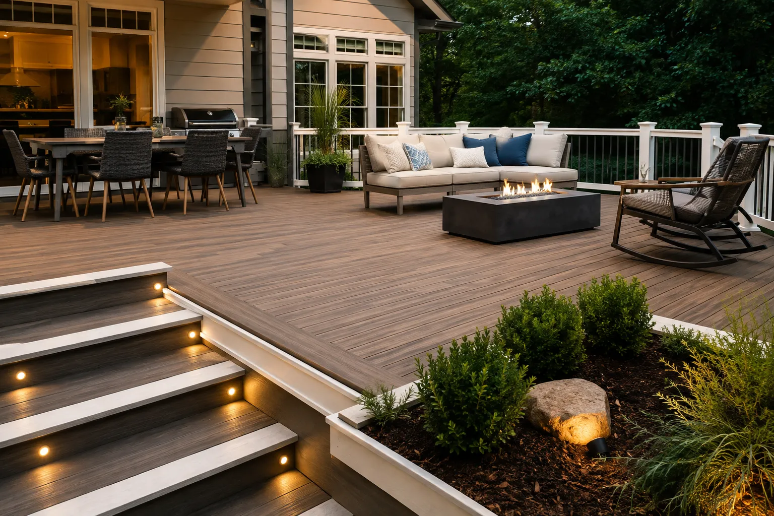 TimberTech decking samples showing composite and Advanced PVC colors, grains, and board profiles