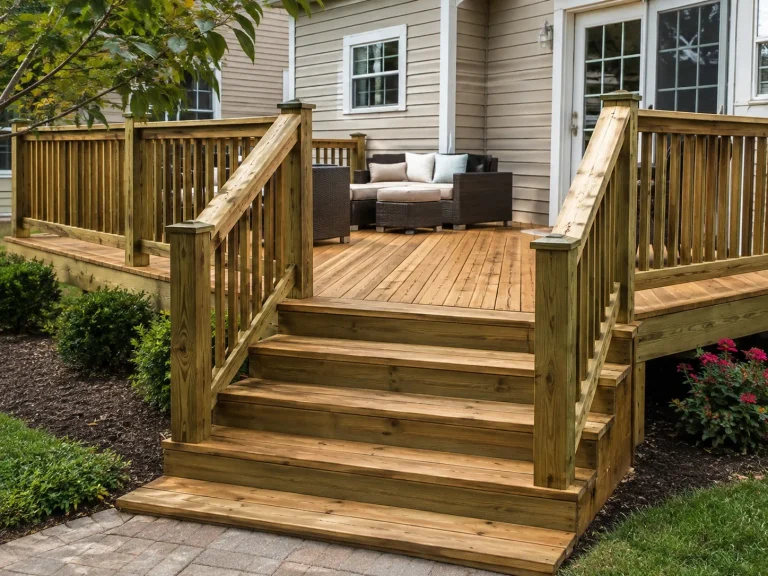 Pressure-treated wood deck with stairs and built-in seating