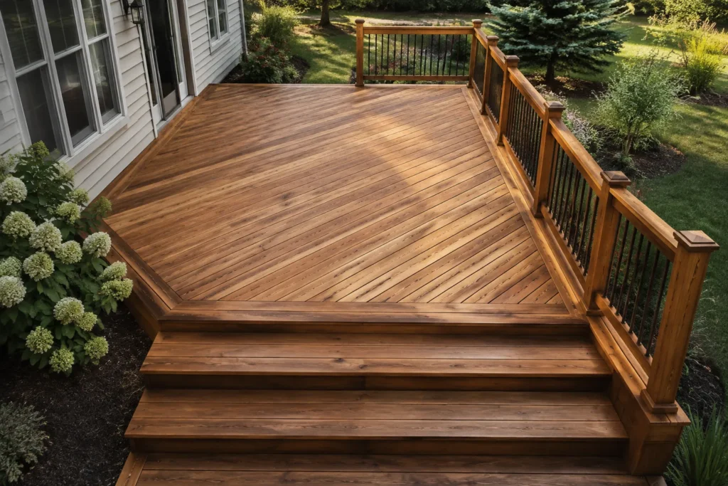 Cedar decking boards with natural grain and warm color on an outdoor deck