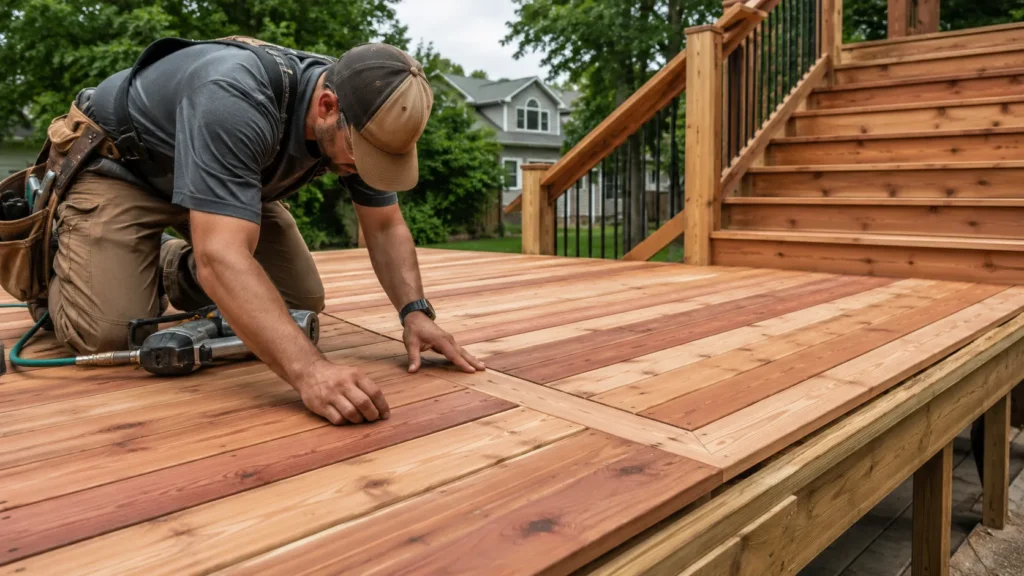 Cedar deck with picture-frame border, wood railing, and stained natural boards
