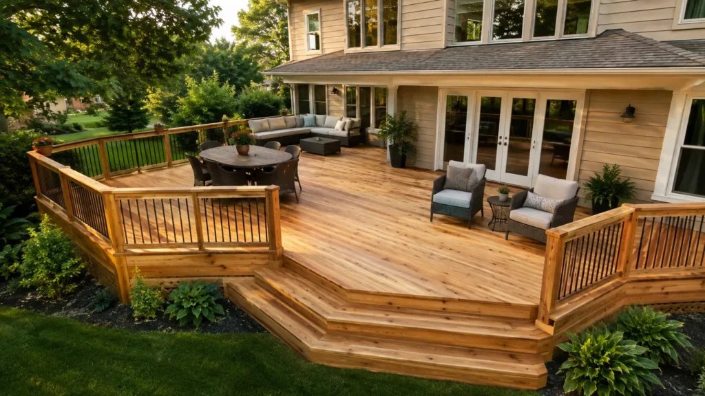 Cedar deck stairs, railings, and surface boards prepared for installation