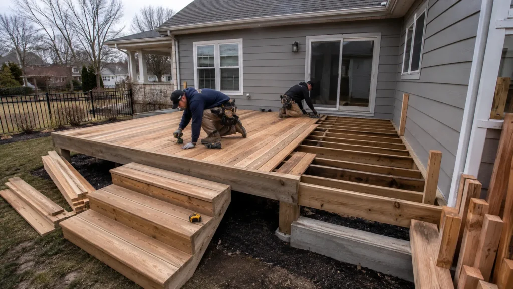 Cedar deck boards and framing details reviewed during installation planning