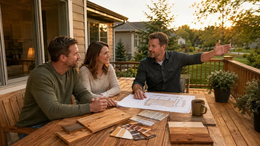 Natural cedar deck extending from a home into a landscaped backyard