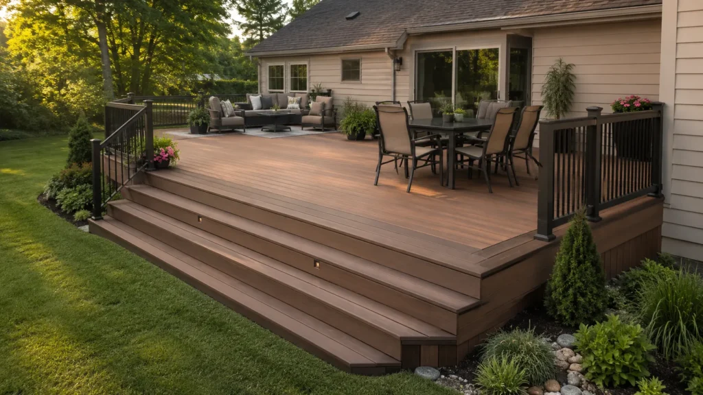 Fiberon composite and PVC decking boards installed on a backyard deck