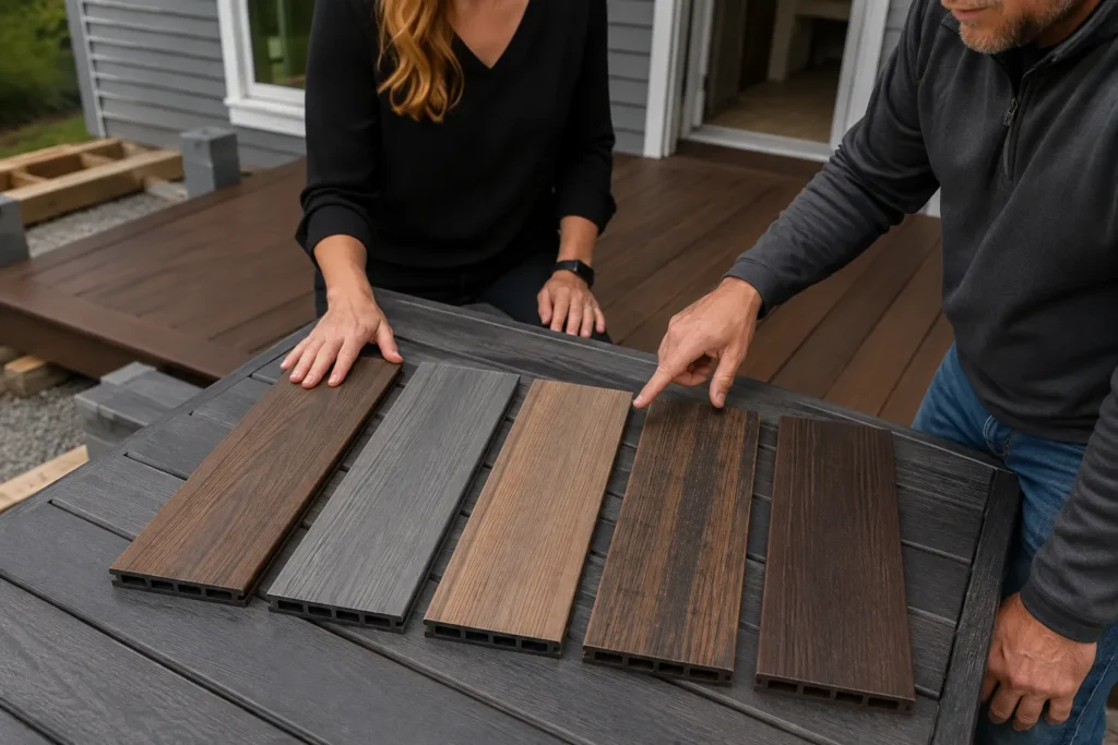 Fiberon decking samples showing composite and PVC colors, textures, and board styles