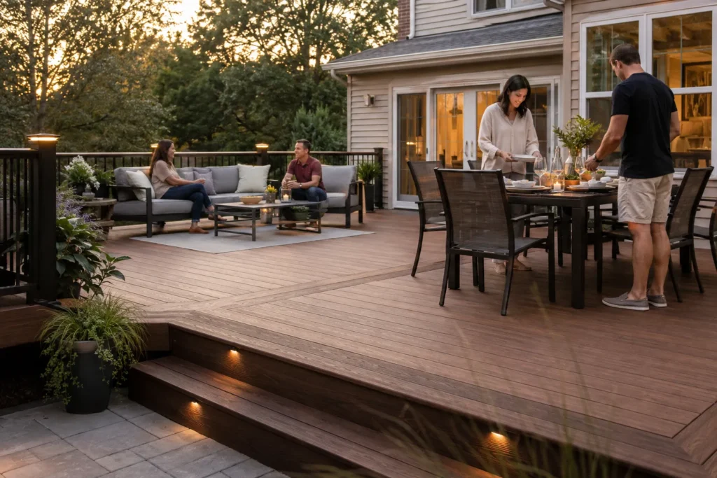 Fiberon deck with stairs, fascia, borders, and integrated railing details