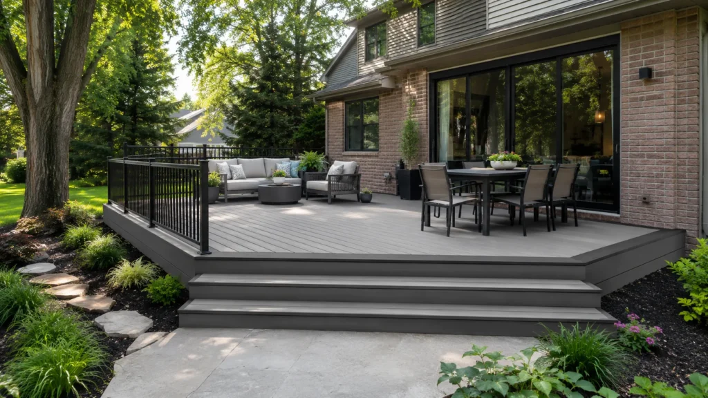 MoistureShield composite decking boards installed on a backyard deck with steps