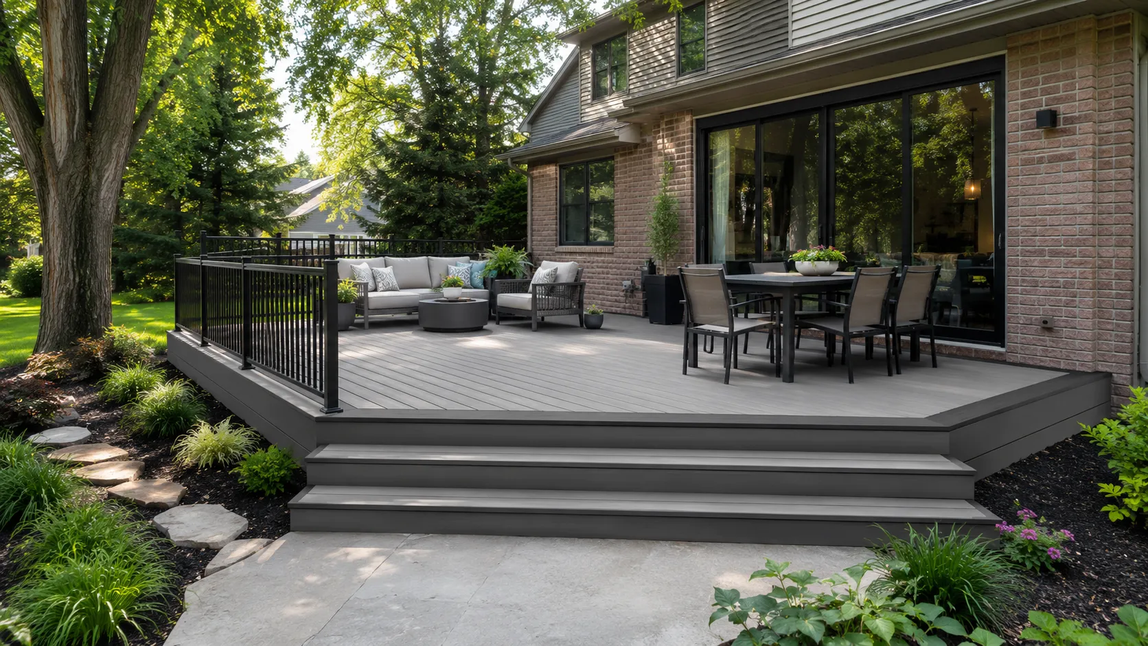 MoistureShield composite decking boards installed on a backyard deck with steps