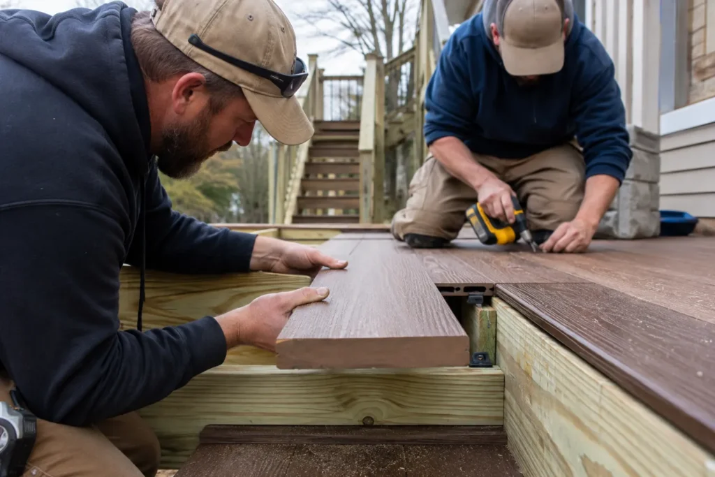 Composite deck with stairs, fascia, borders, and integrated railing details