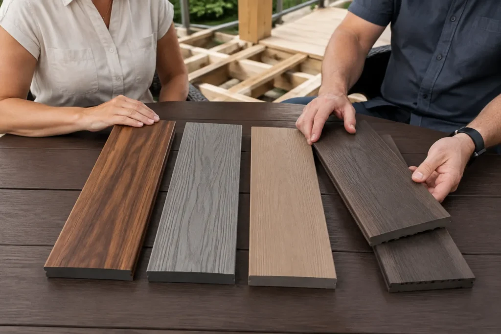 MoistureShield decking samples showing composite colors, textures, and board styles
